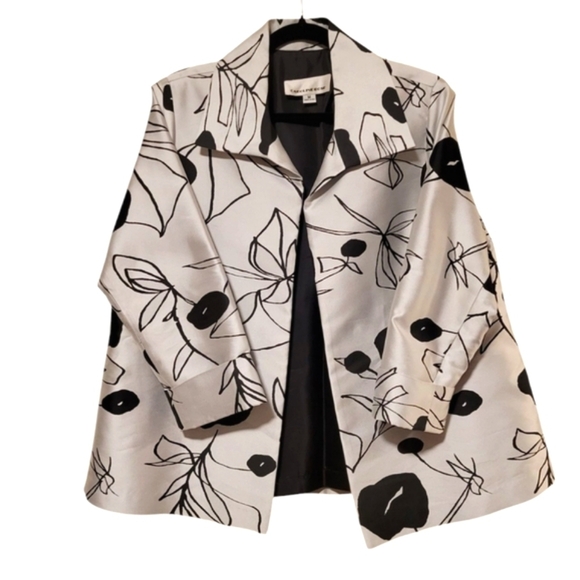 Caroline Rose Floral A-Line Party Dinner Jacket Medium Metallic Silver Black - Picture 11 of 12